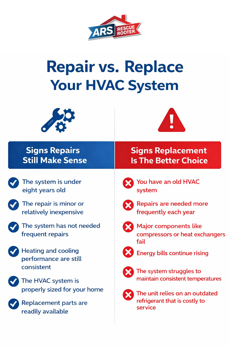 Repair vs. Replace Your HVAC System: Repairs may make sense when: -The system is under eight years old -The repair is minor or relatively inexpensive -The system has not needed frequent repairs -Heating and cooling performance are still consistent -The HVAC system is properly sized for your home -Replacement parts are readily available. Signs Replacement Is the Better Choice: -You have an old HVAC system -Repairs are needed more frequently each year -Major components like compressors or heat exchangers fail -Energy bills continue rising -The system struggles to maintain consistent temperatures -The unit relies on an outdated refrigerant that is costly to service