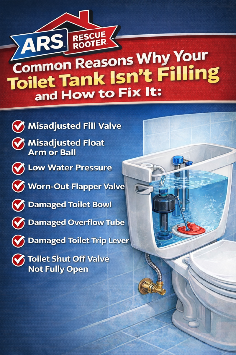 ARS Rescue Rooter infographic listing common toilet tank issues and fixes with a clear illustration and brand logo.