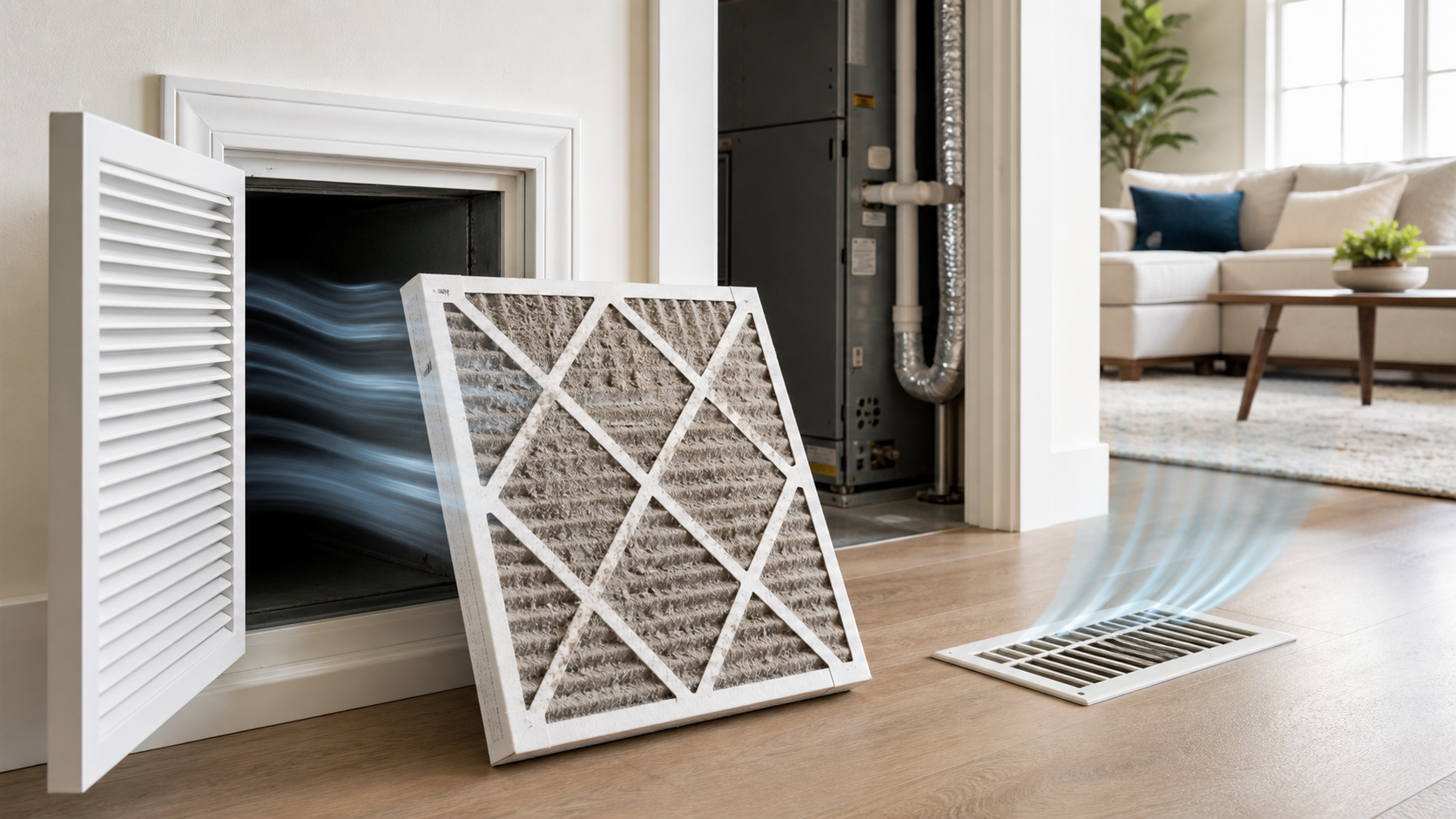 Dirty HVAC air filter restricting airflow beside a residential HVAC system