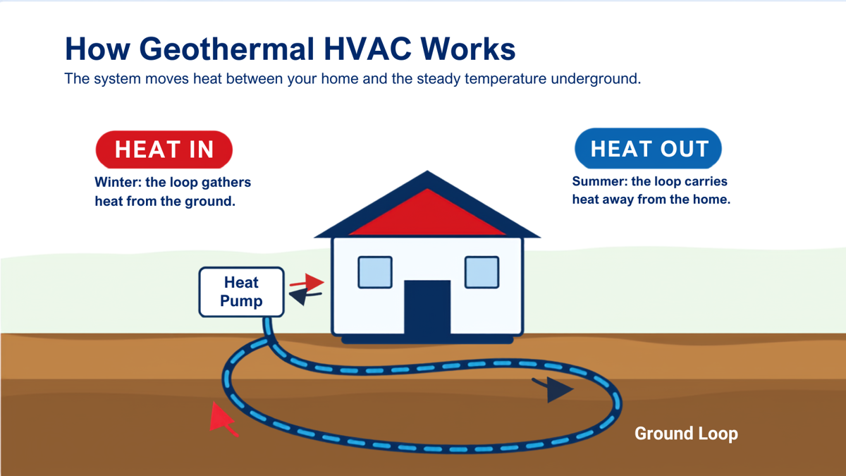How Geothermal HVAC Works diagram - the system moves heat between your home and the steady temperature underground. 